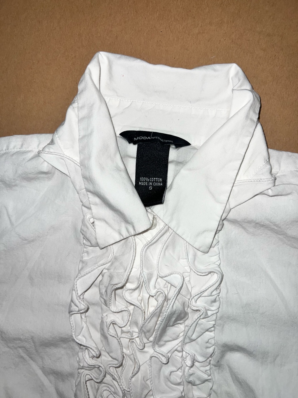 Moda International White Ruffle Front Button-Down Blouse - Picture 3 of 7